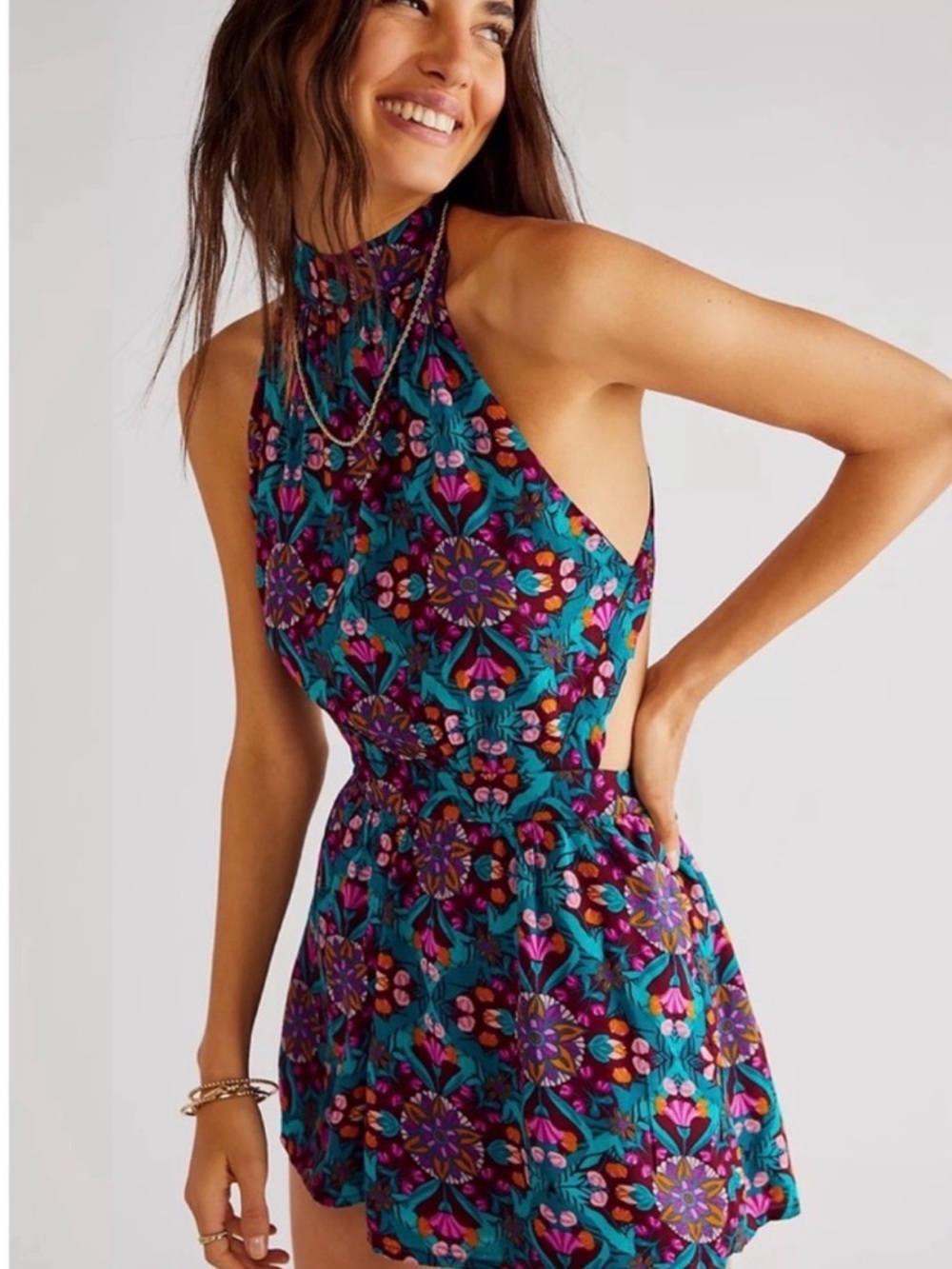 Free People Coral Tides Romper Floral Halter Open Back Cutout Boho Medium